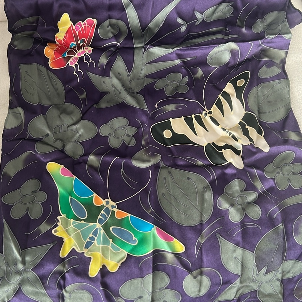 Silk Scarf with Hand Painted Butterfly Design - Picture 2 of 6